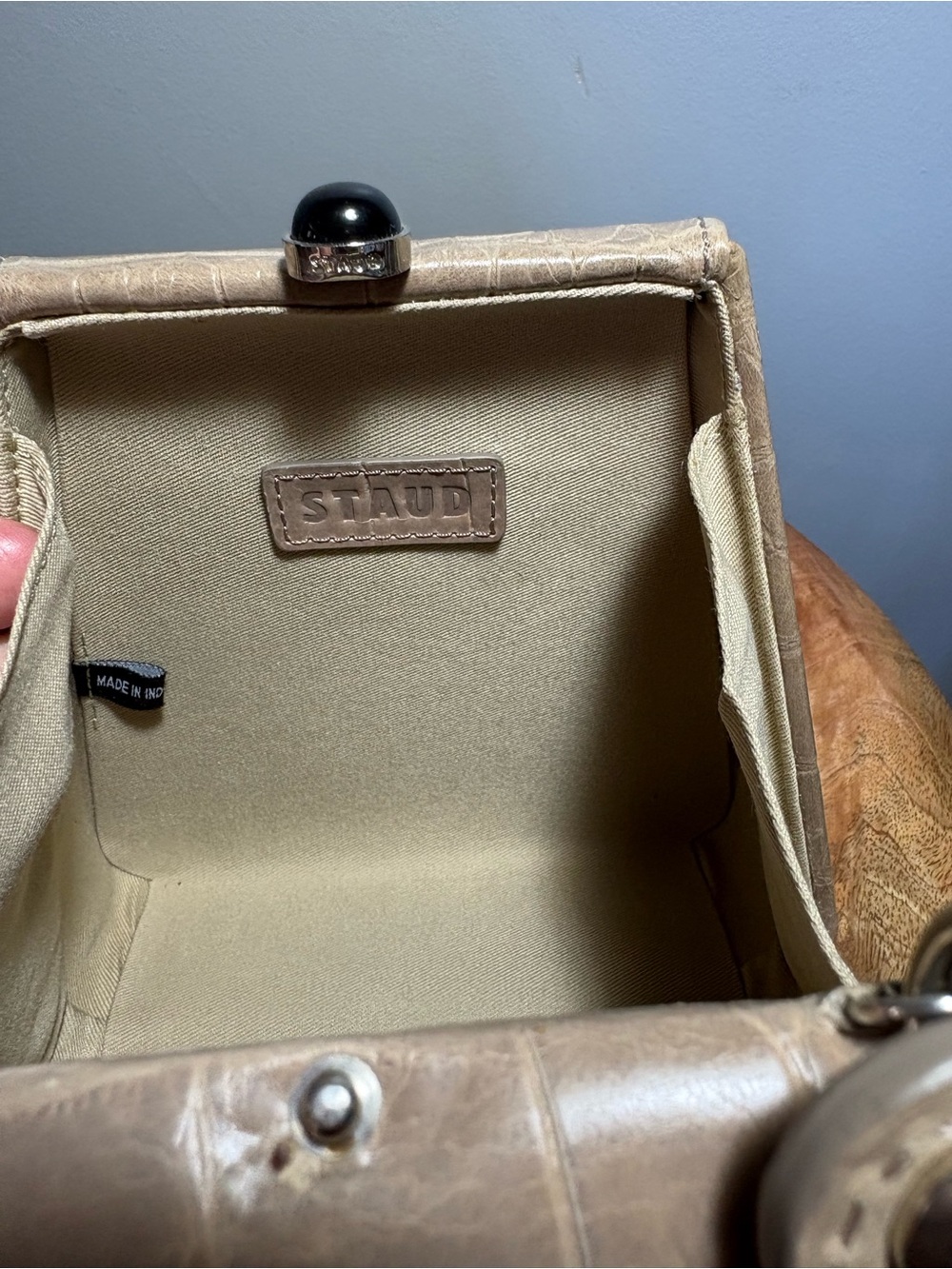STAUD Taupe Croc-Embossed Box Clutch